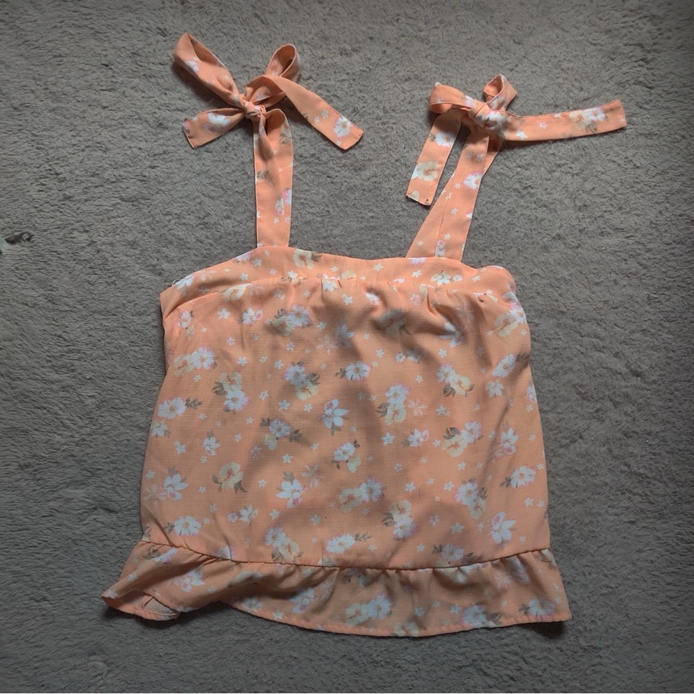 Hippie Rose Orange Tie Strap Tank Top Square Neck Smocked Coral Sz Large floral - Picture 2 of 6